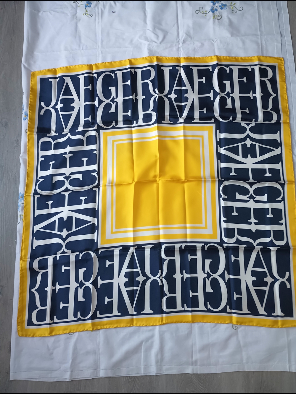 vintage silk square scarf by Jaeger features a bold graphic print